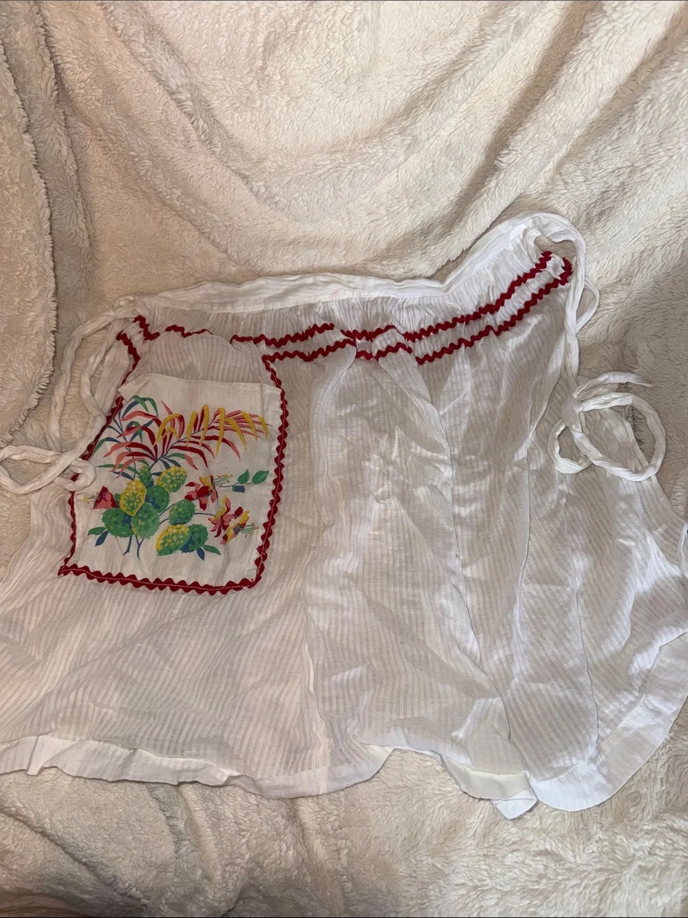Vintage Sheer White Cotton Half Apron Red Ric Rac Tropical Cactus Print Pocket